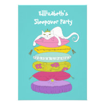 Cute funny whimsical cat and pea Sleepover Invites