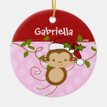 Cute Girl Christmas Ornament Monkey Pink Red