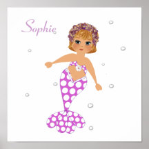 Cute Girl's Mermaid Personalised Poster Print