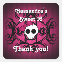 Cute gothic skull fuschia and black sweet 16 square sticker