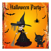 Cute Gothic Witch & Cat Halloween Party Custom Invite