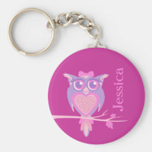 Cute graphic owl girls pink name keychain