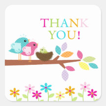 Cute Green Bird Nest Thank You Baby Shower Square Square Stickers