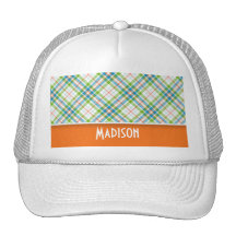 Cute Green, Orange Plaid Mesh Hats