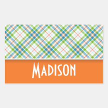 Cute Green, Orange Plaid Rectangle Sticker
