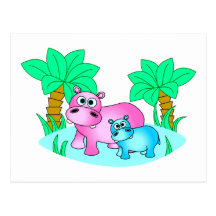 Cute Hippos Mum and Baby Swimming Post Card