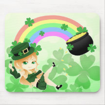 Cute Irish chibi leprechaun girl with pot of gold Mousepad