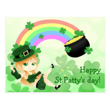 Cute Irish chibi leprechaun girl with pot of gold Postcard