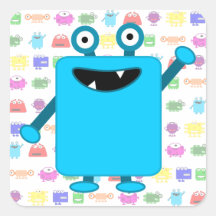 Cute Light Blue Cartoon Monster Square Stickers