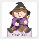 Cute little witch with broewn hair square sticker