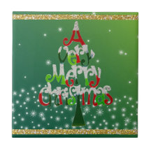 Cute Merry Christmas Green Sparkle Glitter Festive Tile