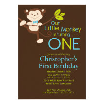 Cute Modern Monkey 1st Birthday Party Invitations
