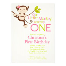 Cute Modern Monkey 1st Birthday Party Invitations