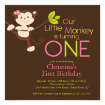 Cute Modern Monkey 1st Birthday Party Invitations