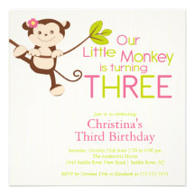 Cute Modern Monkey 3rd Birthday Party Invitations
