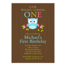 Cute Modern Owl 1st Birthday Party Invitations
