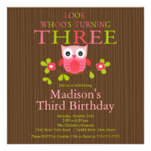 Cute Modern Owl 3rd Birthday Party Invitations
