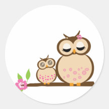 Cute mum and baby owl round stickers