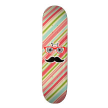 Cute Mustache with Coral & Green Stripes Custom Skate Board