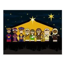 Cute Nativity Characters at Barn by Night Post Card
