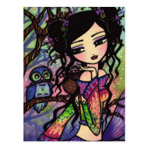 Cute Owl Asian Mermaid Fantasy Art Postcard