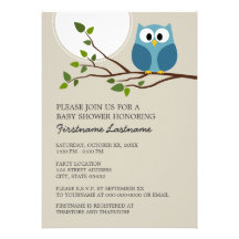 Cute Owl on Branch Baby Boy Shower Custom Invitations