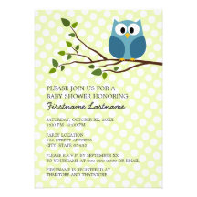 Cute Owl on Branch with polka dots Baby Boy Shower Personalized Invite