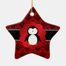 Cute penguin red damask christmas ornament