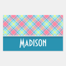 Cute Pink and Blue Plaid Rectangle Stickers