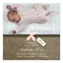Cute pink brown baby girl photo birth announcement
