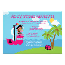 Cute pink girl's pirate birthday party invitation