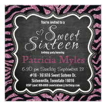 Cute Pink Glitter Chalkboard and Zebra Sweet 16 Invitations
