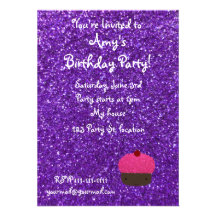 Cute pink glitter cupcake purple glitter personalized invitations