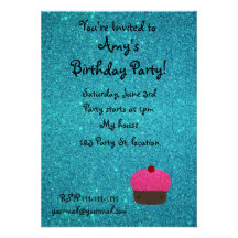 Cute pink glitter cupcake turquoise glitter invitations