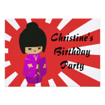 Cute Pink  Kawaii Kokeshi Doll on rising sun Personalised Announcements