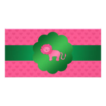 Cute pink lion pink hearts personalized photo card