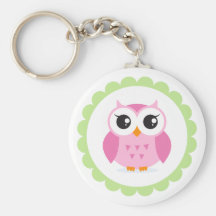 Cute pink owl cartoon inside green border keychain