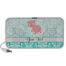 Cute Pink Pig; Teal Damask Portable Speaker