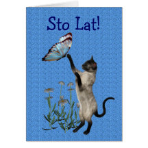 Cute Polish Birthday Card Cat Butterfly