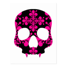 Cute punk goth fanged skull hot pink and black postcards