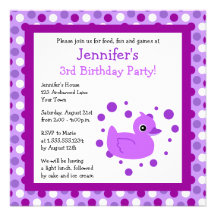 Cute Purple Ducky with Polka Dots Birthday Invite