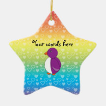Cute purple penguin rainbow hearts christmas tree ornament
