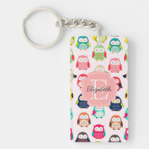 Cute Retro Litte Owls Monogrammed Keychain