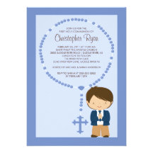 Cute Rosary First Communion Invitation Boy Blue