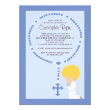 Cute Rosary First Communion Invitation Boy Blue