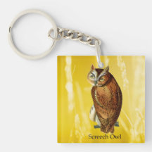 Cute Screech Owl Yellow Square Keychain