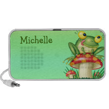 cute silly frog on toadstool mushroom II iPod Speakers