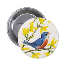 Cute Singing Blue Bird Tree Pinback Buttons