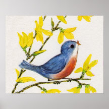 Cute Singing Blue Bird Tree Posters