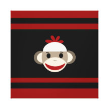 Cute Smiling Sock Monkey Face on Red Black Stretched Canvas Print